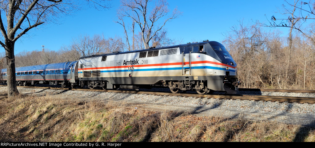 AMTK 145 in charge of Regional 156 between CP Kinney and CP Woodall. Train is a few feet from the "west leg of the wye" which will take it from the ex-N&W side to the  ex--SOU side at Lynchburg to continue its run from Roanoke  to Washington  and beyond